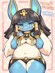 Rule 34 | 1girl, :o, ankh, apopis, belly, black hair, blue eyes, blunt bangs, bracelet, breasts, bright pupils, cowboy shot, egyptian, fullbokko heroes, furry, furry female, jewelry, large breasts, long hair, looking at viewer, shigatake, solo, underboob