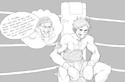 Rule 34 | 2boys, abs, boxing, cosplay, gol d. roger, headwear request, highres, monkey d. luffy, multiple boys, muscular, one piece, parody, resident drawfriend, rocky balboa (cosplay), scar, silvers rayleigh, sitting, tattoo, thinging