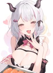 Rule 34 | 1girl, bento, black ribbon, blush, braid, breasts, chopsticks, cleavage, commission, detached sleeves, fang, food, frills, grey hair, hair ornament, hair ribbon, hairclip, heart, highres, hkvtopia, holding, holding chopsticks, horns, kisaragi rumii, large breasts, looking at viewer, multicolored hair, open mouth, pink hair, ribbon, short hair, side braid, simple background, skeb commission, solo, sushi, upper body, virtual youtuber, yuita (yuita17)