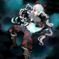 Rule 34 | 1girl, alternate costume, alternate hairstyle, bad id, bad pixiv id, bikini, bikini top only, black rock shooter, black rock shooter (character), black rock shooter (cosplay), blue fire, boots, bow, checkered floor, cosplay, female focus, fire, floor, fujiwara no mokou, glowing, glowing eye, hair bow, hair ribbon, highres, kikuichi monji, kikuichimonji, long hair, multi-tied hair, open clothes, open shirt, pants, parody, red eyes, ribbon, shirt, sleeves rolled up, solo, swimsuit, touhou, twintails, very long hair, white hair