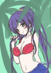 Rule 34 | 10s, 1girl, bikini, bikini top only, blush, breasts, cleavage, crescent, crescent earrings, earrings, frapowa, green eyes, holding, holding hair, jewelry, long hair, looking at viewer, love live!, love live! school idol project, midriff, navel, ponytail, purple hair, red bikini, sketch, smile, solo, swimsuit, tojo nozomi, twintails, very long hair