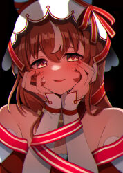 Rule 34 | 1girl, animal ears, breasts, brown hair, collarbone, dark background, fingernails, hair between eyes, hair ornament, hands on own cheeks, hands on own face, highres, horse ears, horse girl, kaoru (h8qm9), long hair, looking at viewer, open mouth, red eyes, simple background, small breasts, solo, still in love (umamusume), sweat, umamusume, veil, yandere trance
