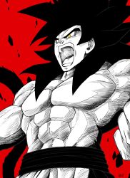 Rule 34 | 1boy, abs, absurdres, black hair, body fur, dragon ball, dragon ball gt, fighting stance, greyscale with colored background, highres, large pectorals, liedein, male focus, monkey boy, monkey tail, monochrome, muscular, muscular male, open mouth, pectorals, powering up, screaming, son goku, spiked hair, super saiyan, super saiyan 4, tail, teeth, topless male, yellow eyes