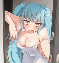 Rule 34 | 1girl, :o, blue hair, blush, breasts, cleavage, door, doorway, goddess of victory: nikke, highres, large breasts, leaning to the side, light blue hair, long hair, open mouth, opening door, pov doorway, privaty (nikke), shirt, solo, sweat, twintails, uniazi mikan, very long hair, white shirt, yellow eyes