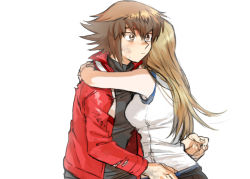 Rule 34 | 1boy, 1girl, 203wolves, arms around neck, bad id, bad pixiv id, black shirt, blonde hair, breasts, brown eyes, brown hair, couple, duel academy uniform (yu-gi-oh! gx), from side, hair between eyes, hug, jacket, long sleeves, medium breasts, multicolored hair, open clothes, open jacket, red jacket, shirt, simple background, sleeveless, sleeveless shirt, straight hair, tenjouin asuka, torn clothes, torn jacket, two-tone hair, upper body, white background, white shirt, yu-gi-oh!, yu-gi-oh! gx, yuki judai