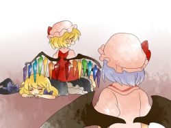 Rule 34 | 3girls, :3, = =, ascot, bad id, bad pixiv id, bat wings, blonde hair, bow, braid, comic, dress, closed eyes, female focus, flandre scarlet, from behind, hair bow, hammer (sunset beach), hat, unworn hat, unworn headwear, kirisame marisa, light purple hair, lying, multiple girls, on stomach, open mouth, red eyes, remilia scarlet, short hair, silent comic, sitting, sitting on person, smile, touhou, wings, witch, witch hat