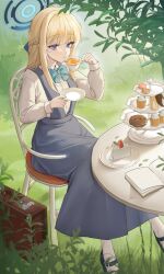 Rule 34 | 1girl, absurdres, alternate costume, black footwear, black tea, blonde hair, blue archive, blue bow, blue bowtie, blue eyes, blue halo, book, bow, bowtie, braid, bread, buttons, cake, cake slice, chair, closed mouth, collared shirt, cup, dessert, dress, food, fork, ggoong (pooplambgoong22), grey dress, halo, highres, holding, holding cup, long hair, long sleeves, macaron, open book, shirt, shoes, sitting, socks, solo, sweets, table, tea, toki (blue archive), white shirt, white socks