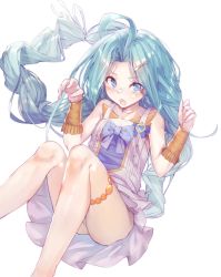 Rule 34 | &gt;:o, 10s, 1girl, :o, ahoge, akieda, bad id, bad pixiv id, bare shoulders, blue eyes, blue hair, blush, dress, granblue fantasy, hair ornament, hairclip, hands up, highres, long hair, looking at viewer, lyria (cutie apron) (granblue fantasy), lyria (granblue fantasy), no panties, nose blush, open mouth, simple background, sitting, solo, thighs, v-shaped eyebrows, white background, white dress