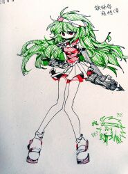 Rule 34 | 1girl, ?, ??, ballpoint pen (medium), breasts, chinese text, closed mouth, commentary, elbow gloves, fingerless gloves, full body, genderswap, genderswap (otf), gloves, green hair, hair between eyes, headband, highres, len&#039;en, ling s, long hair, long legs, medium breasts, miniskirt, multiple views, no nose, partially colored, pleated skirt, red eyes, red shirt, shirt, simple background, single elbow glove, single fingerless glove, skirt, sleeveless, sleeveless shirt, symbol-only commentary, taira no fumikado, traditional media, translation request, white background