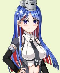 Rule 34 | 1girl, black necktie, blue hair, breasts, commentary request, green background, headgear, jacket, kantai collection, karuna (madlax), long hair, looking at viewer, medium breasts, multicolored hair, navel, necktie, red hair, solo, south dakota (kancolle), star (symbol), upper body, white hair