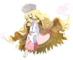 Rule 34 | 1girl, absurdly long hair, absurdres, barefoot, blonde hair, blue eyes, blush, caitlin (pokemon), closed mouth, collared dress, commentary request, creatures (company), dress, forehead, full body, game freak, hat, highres, long hair, long sleeves, looking at viewer, nintendo, nose blush, parted bangs, pentagon (railgun ky1206), pokemon, pokemon bw, see-through, simple background, solo, very long hair, white background, white dress, white hat, wide sleeves