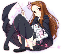 Rule 34 | 1girl, black thighhighs, brown hair, cape, cosplay, hairband, idolmaster, idolmaster (classic), kugimiya rie, long hair, looking at viewer, louise francoise le blanc de la valliere, louise francoise le blanc de la valliere (cosplay), mary janes, minase iori, oomugi genmai, panties, pantyshot, pink panties, rabbit, red eyes, shoes, sitting, smile, solo, star (symbol), stuffed animal, stuffed rabbit, stuffed toy, thighhighs, underwear, voice actor connection, wand, zero no tsukaima