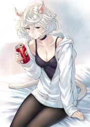 Rule 34 | 1girl, animal ears, black choker, black eyes, black pantyhose, black tank top, breasts, can, cat ears, cat tail, choker, cleavage, closed mouth, collarbone, dr pepper, drink can, hair between eyes, highres, holding, holding can, jacket, lips, long sleeves, looking at viewer, makimura shunsuke, medium breasts, messy hair, mole, mole on neck, original, pantyhose, short hair, silver hair, sitting, soda can, solo, tail, tank top, white jacket, zipper pull tab