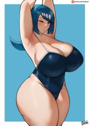 Rule 34 | 1girl, alternate breast size, armpits, arms up, batako (batakoart), blue eyes, blue hair, blue one-piece swimsuit, breasts, covered erect nipples, creatures (company), eyelashes, freckles, game freak, grin, hair ornament, highleg, highleg swimsuit, highres, lana&#039;s mother (pokemon), large breasts, nintendo, one-piece swimsuit, one eye closed, pokemon, pokemon (anime), pokemon sm (anime), shiny clothes, smile, swimsuit, thick thighs, thighs, wide hips