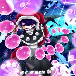Rule 34 | 1girl, :3, black capelet, black gloves, blue eyes, blue hair, capelet, chain, commentary, danmaku, dark blue hair, doremy sweet, dream soul, dream world (touhou), dress, elbow gloves, english commentary, frilled dress, frills, gloves, hair over one eye, hat, is usami not usamimi, lock, looking at viewer, pom pom (clothes), santa hat, smoking, smoking pipe, smug, solo, tail, tapir tail, touhou, white dress