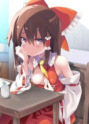Rule 34 | 1girl, bare shoulders, blush, bow, breasts, brown hair, closed mouth, cup, dango, detached sleeves, dress, flashing, food, frilled bow, frilled shirt collar, frills, hair bow, hair tubes, hakurei reimu, hand on own cheek, hand on own face, large bow, long hair, long sleeves, looking at viewer, necktie, nipples, on chair, one breast out, oppai challenge, purple eyes, red dress, ribbon-trimmed sleeves, ribbon trim, sidelocks, sitting, small breasts, smile, solo, sweat, table, tororo (toriaezu), touhou, v-shaped eyebrows, wagashi, wide sleeves, wooden table, yellow necktie, yunomi
