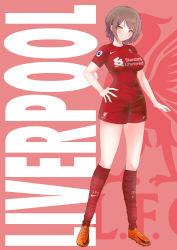 Rule 34 | 1girl, absurdres, breasts, brown eyes, brown hair, hachimitsu shitate, highres, large breasts, liverpool fc, original, pink background, premier league, red background, shin guards, soccer, soccer uniform, solo, sportswear, title, two-tone background