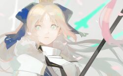 Rule 34 | 1girl, armor, artoria caster (fate), artoria caster (third ascension) (fate), artoria pendragon (fate), blonde hair, blue bow, bow, cape, crown, facial mark, falling petals, fate/grand order, fate (series), forehead mark, fur-trimmed cape, fur trim, green eyes, grey background, hair bow, highres, kitada, long hair, looking at viewer, multicolored eyes, parted bangs, parted lips, petals, solo, staff, upper body, wide ponytail, yellow eyes
