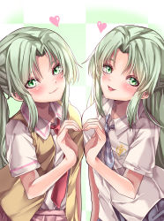 Rule 34 | 2girls, absurdres, beige vest, blue neckerchief, blush, checkered background, closed mouth, collared shirt, commentary request, eyebrows hidden by hair, green background, green eyes, green hair, head tilt, heart, heart hands, heart hands duo, highres, higurashi no naku koro ni, looking at viewer, mahoro (minase mahoro), multiple girls, neckerchief, necktie, open mouth, red necktie, shirt, short hair, siblings, sisters, smile, sonozaki mion, sonozaki shion, striped neckerchief, white shirt