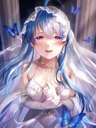 Rule 34 | 1girl, ahoge, azur lane, blue butterfly, blue hair, bracelet, breasts, bridal veil, bug, butterfly, cleavage, crying, dress, elbow gloves, gloves, happy tears, helena (azur lane), helena (miracle in white) (azur lane), highres, insect, jewelry, kurono hyouka, long hair, looking at viewer, medium breasts, official alternate costume, purple eyes, ring, smile, solo, tears, upper body, veil, wedding dress