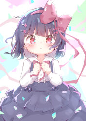 Rule 34 | 1girl, :o, black hair, black skirt, blush, bow, child, clenched hands, collared shirt, colored inner hair, dress bow, hair bow, hair ornament, hairclip, looking at viewer, miria (mamamamave), multicolored background, multicolored hair, original, parted lips, pink bow, red eyes, shirt, short hair, skirt, solo, sparkling eyes, suspender skirt, suspenders, white shirt