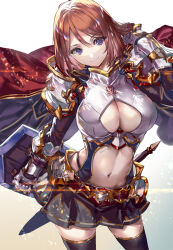 Rule 34 | 1girl, black skirt, black thighhighs, breasts, brown hair, cape, cleavage, cleavage cutout, closed mouth, clothing cutout, commission, cowboy shot, gauntlets, hair between eyes, hand up, highres, holding, holding shield, large breasts, looking at viewer, medium hair, miniskirt, navel, original, purple eyes, ran&#039;ou (tamago no kimi), red cape, sheath, sheathed, shield, simple background, skeb commission, skirt, smile, solo, stomach cutout, sword, thighhighs, weapon