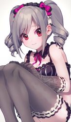 Rule 34 | 1girl, bikini, black bikini, blush, bow, breasts, closed mouth, detached collar, drill hair, elbow gloves, feet out of frame, floral print, gloves, gothic lolita, grey hair, hair between eyes, hairband, hands on own knees, highres, idolmaster, idolmaster cinderella girls, kanzaki ranko, light smile, lips, lolita fashion, lolita hairband, long hair, looking at viewer, medium breasts, red eyes, ribbon, ribbon-trimmed gloves, ribbon-trimmed legwear, ribbon trim, see-through, see-through legwear, sheer gloves, simple background, sitting, smile, solo, swept bangs, swimsuit, thighhighs, twintails, uso (ameuzaki), white background