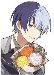 Rule 34 | 1boy, absurdres, aoyagi touya, blue hair, blue jacket, bouquet, flower, grey eyes, highres, holding, holding bouquet, hoshi-toge, jacket, looking at viewer, male focus, mole, mole under eye, multicolored hair, orange flower, parted lips, project sekai, smile, solo, split-color hair, upper body, white flower, wing collar, yellow flower