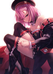 Rule 34 | 1girl, bare shoulders, beret, black footwear, black hat, black jacket, black thighhighs, boots, breasts, commentary request, detached collar, fate/grand order, fate (series), frills, hat, helena blavatsky (fate), helena blavatsky (third ascension) (fate), ibuki notsu, jacket, knees up, long sleeves, looking at viewer, neck ribbon, off shoulder, open clothes, open jacket, pink hair, red eyes, ribbon, short hair, sitting, small breasts, smile, solo, strapless, thighhighs, thighs, tsurime, white background, white ribbon
