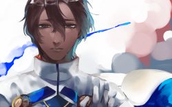 Rule 34 | 1boy, arjuna (fate), bad id, bad pixiv id, brown eyes, brown hair, close-up, crying, crying with eyes open, dark-skinned male, dark skin, fate/grand order, fate (series), hair between eyes, highres, ichinosenen, jacket, looking at viewer, male focus, parted lips, solo, tears