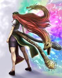 Rule 34 | 1girl, ass, beret, big hair, bike shorts, chinese clothes, clenched hand, colorful, dragon, dragon horns, dress, energy, floating hair, from behind, full body, gradient background, green dress, grey background, hat, highres, hong meiling, horns, kikimifukuri, legs, long hair, monster, muscular, no socks, red hair, scales, shorts, sleeveless, sleeveless dress, solo, spikes, standing, tabard, thighs, toned, touhou, very long hair, wind