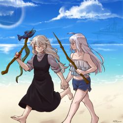 Rule 34 | 2girls, ^ ^, ahoge, arknights, barefoot, beach, black dress, blood, blood in hair, blood on face, blood on hands, bloody weapon, blue shorts, blue sky, closed eyes, cloud, cloudy sky, collarbone, commentary, dlanon, dress, english commentary, closed eyes, fish, grey hair, grey shirt, hair ornament, holding, holding hands, holding stick, long hair, low-tied long hair, low ponytail, midriff, multiple girls, outdoors, red eyes, running, sharp teeth, shirt, short sleeves, shorts, skadi (arknights), sky, smile, specter (arknights), stick, sweat, tank top, teeth, twitter username, very long hair, weapon, white tank top
