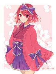 Rule 34 | 1girl, alternate costume, asa no ha (pattern), blue bow, blue skirt, bow, breasts, cherry blossoms, closed mouth, cowboy shot, earrings, frilled hakama, frills, hair bow, hakama, hakama skirt, haori, haruto yuki, highres, japanese clothes, jewelry, kimono, large breasts, looking at viewer, print kimono, pyra (xenoblade), red eyes, red hair, red kimono, ribbon, short hair, signature, skirt, smile, solo, swept bangs, twitter username, wide sleeves, xenoblade chronicles (series), xenoblade chronicles 2
