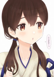 Rule 34 | 1girl, alternate hairstyle, brown eyes, brown hair, collarbone, commentary request, highres, japanese clothes, kaga (kancolle), kantai collection, kujira naoto, long hair, looking to the side, low twintails, side ponytail, solo, tasuki, translation request, twintails, upper body