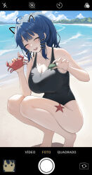 1girl :d ^_^ animal barefoot beach black_one-piece_swimsuit blue_sky blush breasts closed_eyes cloud commentary_request crab day fangfangtu highres holding holding_animal large_breasts make_heroine_ga_oo_sugiru! medium_hair ocean one-piece_swimsuit open_mouth outdoors ponytail sky smile squatting swimsuit toes turtle yanami_anna