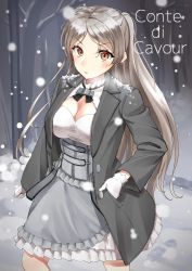 Rule 34 | 1girl, blush, breasts, brown eyes, character name, cleavage, coat, conte di cavour (kancolle), dress, feet out of frame, frilled dress, frills, gloves, grey coat, grey dress, grey hair, highres, kantai collection, large breasts, layered dress, long hair, mayura (lucadia), open clothes, open coat, parted lips, snow, solo, white dress, white gloves