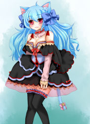 Rule 34 | 1girl, animal ears, bare shoulders, black dress, black thighhighs, blue bow, blue hair, bow, cat ears, cat girl, cat tail, dress, hair bow, hekikuu (kanaderuyume), long hair, looking at viewer, original, smile, solo, tail, thighhighs
