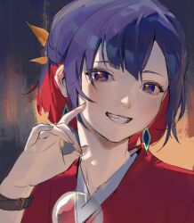 Rule 34 | 1girl, abstract background, alternate costume, blue eyes, blue hair, blush, colored inner hair, diamond earrings, earrings, grin, hair ribbon, holding, holding string, japanese clothes, jewelry, kamitsubaki studio, kimono, looking at viewer, multicolored background, multicolored eyes, multicolored hair, portrait, red eyes, red hair, red kimono, ribbon, rim (kamitsubaki studio), short hair, smile, solo, string, virtual youtuber, watch, wristwatch, yellow pupils, zhongmu