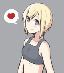 Rule 34 | 1girl, bare shoulders, blonde hair, blue eyes, blush, breasts, closed mouth, collarbone, erica hartmann, grey background, grey tank top, heart, looking to the side, momiji7728, short hair, simple background, small breasts, smile, solo, speech bubble, strike witches, tank top, upper body, world witches series