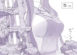 Rule 34 | 1girl, 2boys, bow, bowtie, breasts, bush, check translation, destruction, giant, giantess, head out of frame, highres, horizon (video game), horizon zero dawn, kantai collection, large breasts, long hair, monochrome, multicolored hair, multiple boys, naganami (kancolle), purple theme, ruins, seo tatsuya, sidelocks, size difference, solo focus, translation request, two-tone hair