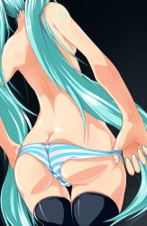 Rule 34 | 1girl, aqua hair, ass, black background, from behind, hatsune miku, highres, kodomonomikata (noikurezant), long hair, panties, simple background, solo, striped clothes, striped panties, thigh gap, thighhighs, topless, twintails, underwear, very long hair, vocaloid