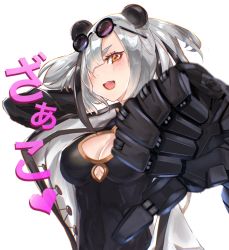 Rule 34 | 1girl, animal ears, arknights, black hair, breasts, china dress, chinese clothes, cleavage cutout, clothing cutout, coat, dress, eyewear on head, feater (arknights), hair over one eye, highres, kava, large breasts, mechanical arms, multicolored coat, multicolored hair, orange eyes, panda ears, panda girl, silver hair, simple background, solo, streaked hair, sunglasses, two-tone coat, two-tone hair, white background