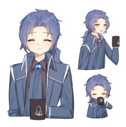 Rule 34 | 1boy, ascot, black shirt, blue ascot, blue coat, blue hair, blush, chesed (project moon), closed eyes, coat, collared coat, collared shirt, cup, highres, holding, holding cup, library of ruina, long hair, love mintchoco, mug, multiple views, open mouth, parted bangs, project moon, shirt, simple background, smile, white background, yellow eyes