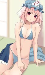 Rule 34 | 1girl, :o, arm support, bare shoulders, bikini, blue bikini, blue hat, blush, breasts, cleavage, collarbone, commentary request, feet out of frame, hat, highres, indoors, large breasts, looking at viewer, mob cap, navel, pink eyes, pink hair, saigyouji yuyuko, short hair, sitting, solo, stigma1101, swimsuit, touhou, triangular headpiece, unworn clothes, yokozuwari