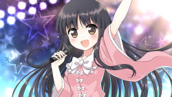 Rule 34 | 1girl, arm up, black hair, blouse, blue background, blurry, blurry background, blush, bow, bowtie, breasts, brown eyes, collar, flashlight, hands up, houraisan kaguya, light, long hair, long sleeves, looking at viewer, medium breasts, microphone, multicolored background, open mouth, pink shirt, purple background, shirt, smile, solo, star (symbol), starry background, touhou, usagi koushaku, white bow, white bowtie, wide sleeves, yellow background