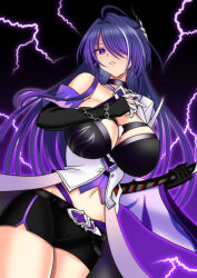 Rule 34 | 1girl, absurdres, acheron (honkai: star rail), ahoge, black background, black choker, black gloves, black shorts, breasts, chain, choker, cleavage, cless (tamaota), coat, commentary, cowboy shot, elbow gloves, gloves, hair ornament, highres, honkai: star rail, honkai (series), large breasts, long hair, navel, purple eyes, purple hair, short shorts, shorts, single bare shoulder, solo, standing, stomach, thighs, very long hair, white coat