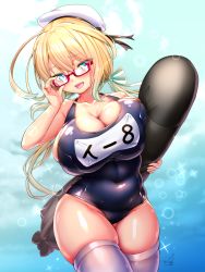 Rule 34 | 1girl, :d, ahoge, blonde hair, blue eyes, blue one-piece swimsuit, breasts, cleavage, commentary request, covered navel, curvy, doyouwantto, glasses, hair ribbon, hat, huge breasts, i-8 (kancolle), impossible clothes, impossible swimsuit, kantai collection, kneehighs, long hair, looking at viewer, low twintails, military hat, name tag, one-piece swimsuit, open mouth, peaked cap, plump, red-framed eyewear, ribbon, sailor hat, school swimsuit, school uniform, semi-rimless eyewear, skindentation, smile, socks, solo, swimsuit, thick thighs, thighhighs, thighs, torpedo, twintails, under-rim eyewear, white socks, white thighhighs