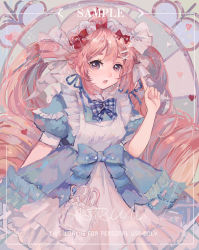 Rule 34 | 1girl, apron, arm behind back, arm up, blue bow, blue dress, bow, dress, frilled hairband, frills, hairband, highres, layered dress, looking at viewer, maid apron, maid headdress, open mouth, original, pink eyes, pink hair, pocket, puffy short sleeves, puffy sleeves, red bow, rivet jiang, sample watermark, short sleeves, solo, standing, tareme, twintails, watermark