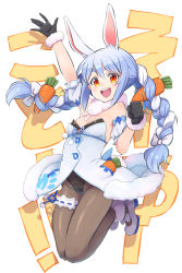 Rule 34 | 1girl, :d, animal ear fluff, animal ears, arm cuffs, arm up, black gloves, black leotard, blue hair, braid, breasts, bridal garter, brown pantyhose, carrot, carrot hair ornament, cleavage, clenched hand, commentary request, don-chan (usada pekora), dress, eyebrows, food-themed hair ornament, full body, fur-trimmed dress, fur-trimmed gloves, fur scarf, fur trim, gloves, hair ornament, highres, hololive, jumping, konboi-eg, legs up, leotard, long hair, looking at viewer, medium breasts, multicolored hair, open mouth, orange eyes, pantyhose, partial commentary, rabbit ears, rabbit girl, shoes, short dress, simple background, smile, solo, teeth, text background, translation request, twin braids, two-tone hair, upper teeth only, usada pekora, usada pekora (1st costume), virtual youtuber, white background, white dress, white footwear, white hair