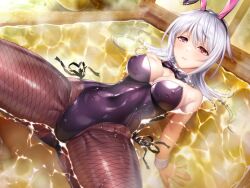 Rule 34 | 1girl, amamiya shisui, animal ears, bare shoulders, blush, bow, bowtie, breasts, brown eyes, cuffs, detached collar, fake animal ears, fishnet pantyhose, fishnets, game cg, large breasts, leotard, lilith-soft, long hair, lying, nervous, on back, pantyhose, rabbit ears, sauna, spread legs, steam, strapless, strapless leotard, taimanin (series), taimanin rpgx, water, wet, wet clothes, white hair